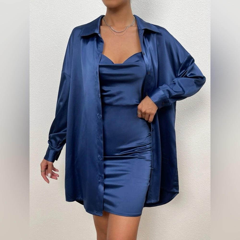 Draped collar Satin Cami Dress & Drop Shoulder shirt